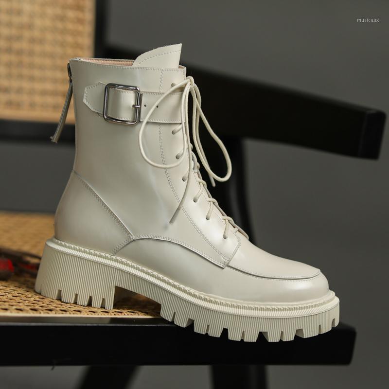 

Genuine Leather Real Wool Fur Platform High Heel Motorcycle Boots Women Zip Lace Up Ankle Boots Block Heels Short1, Beige