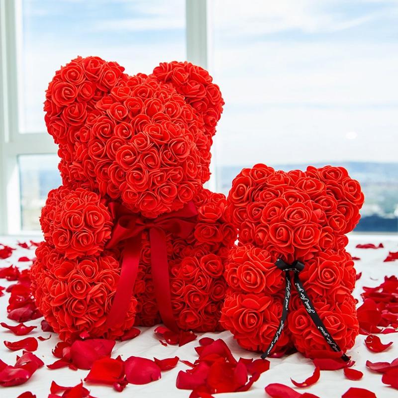 

Valentines Day Gift 25cm Rose Heart Teddy Bear Artificial Flower Handmade Rose Bear Decoration Wedding Christmas Women Gift, Gift box