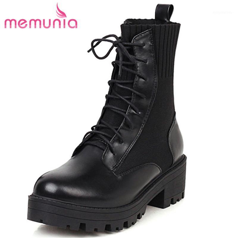 

MEMUNIA 2020 new arrive autumn ankle boots women pu knitting comfortable thick bottom women's boots big size 34-45 black1, Black