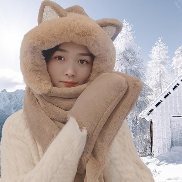 

Bear hat scarf one thick warm and lovely hooded gloves scarf Korean female new autumn and winter joker tide