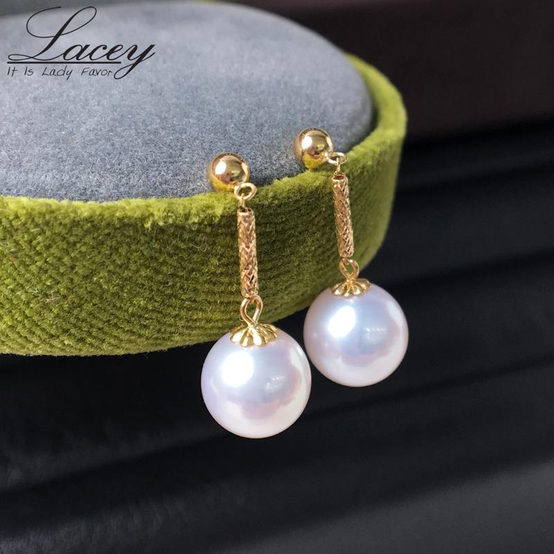 

Prefact Round White Akoya Pearl Earrings For Women,Real 18k Gold Pearl Earrings Wedding Bride Gift
