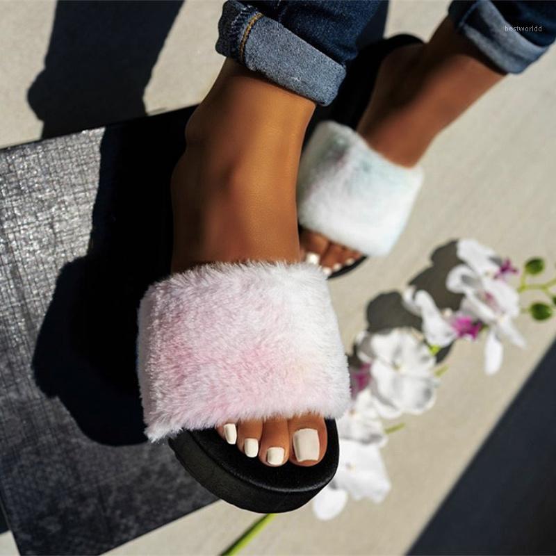 

Women's Rainbow Furry Slippers Women Multicolor Slides Woman Comfort Outdoor Flats Platform Ladies Casual Beach Shoes Plus Size1, Blue