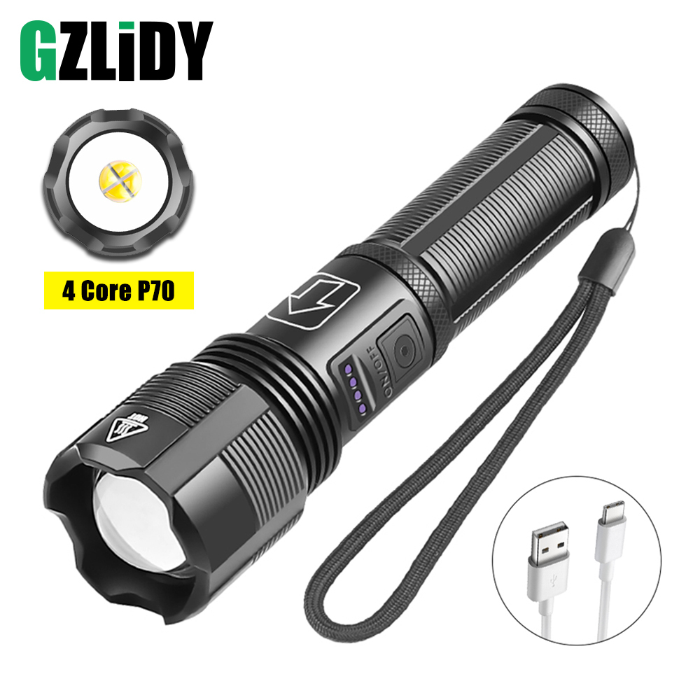 

Tactical Flashlight 4 Core P70 LED Waterproof Torch Zoomable Powerful Lantern Super Bright USB Rechargeable 18650 Outdoor Light 201207, Zoom