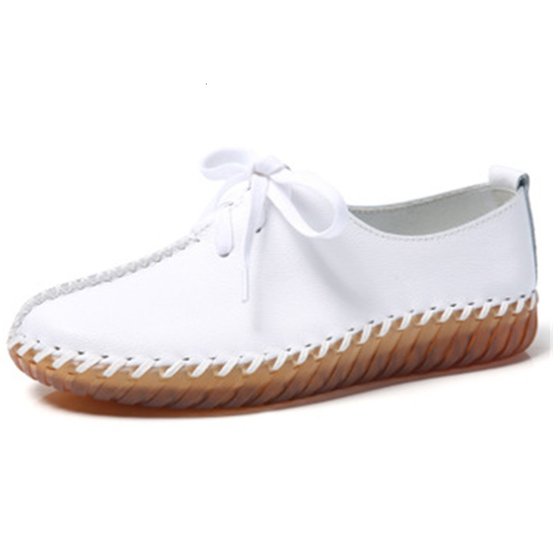 

2021 New Women Summer White Leather Genuine Women's Apartments Moccasins Lace-up Hole Shave Mother Shoes Zapatos Mujer U3RR, Black