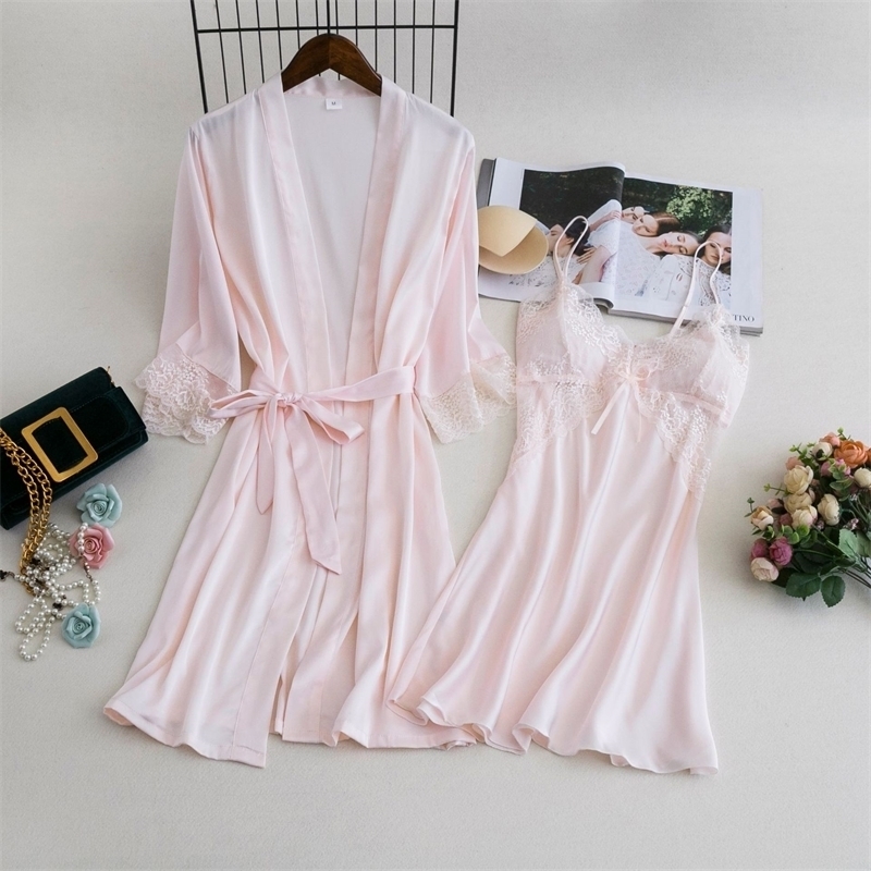 

MECHCITIZ Women Robe Gown Sets 2 Piece Nightdress Bathrobe Summer Sleepwear Female Satin Kimono Silk Robes Sleepwear Lounge Suit 210203, White