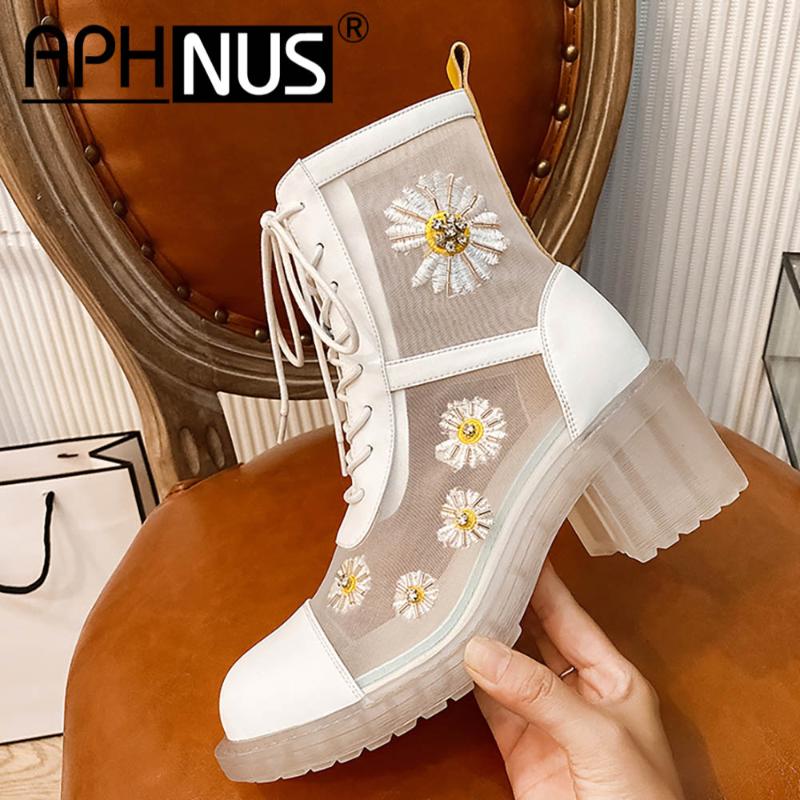 

APHNUS Womens Boots Cut Outs Flowers lace up Short Ankle Low Mid Heels Pumps Woman 2020 Shoes For Women New Boot, Black