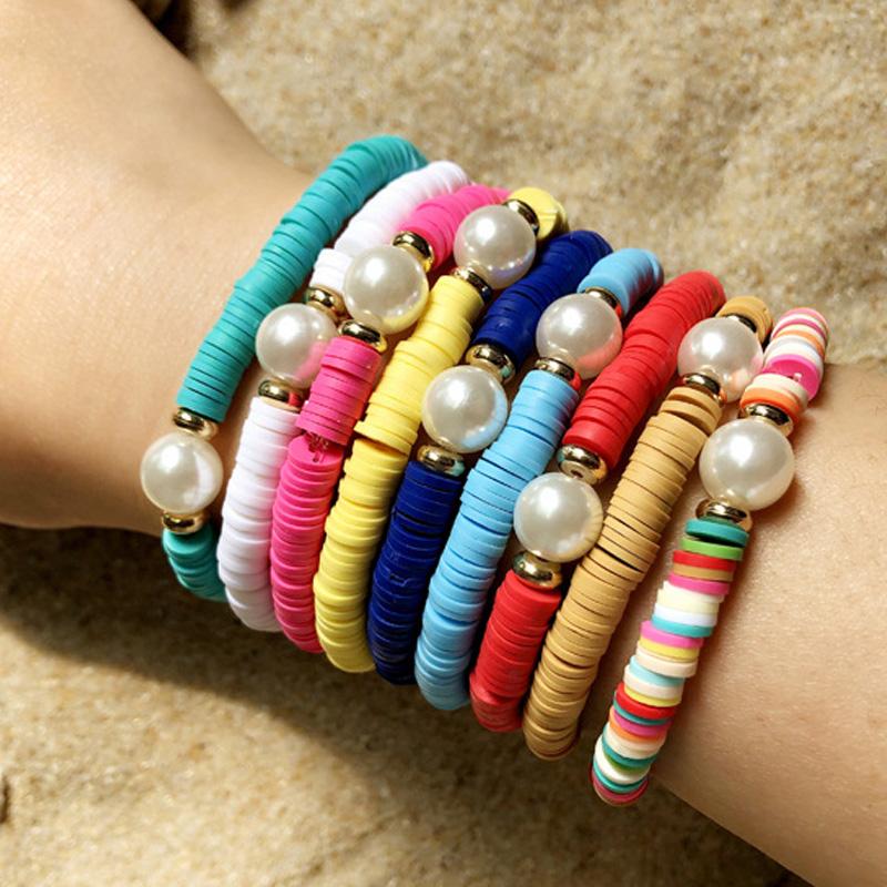 

1PC Bohemia Colorful Pearl Polymer Clay Elastic Rope Chain Bracelet For Women Fashion Summer Beach Jewelry Gift
