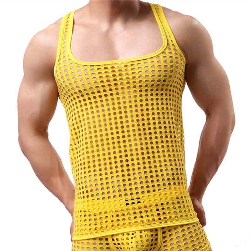 

Mens Vest Mesh See Thtough Tops Tees Hollow Out Breathable Tank Sexy Male Sleeveless Tanks Lingerie Homwear Gay Undershirts T200408, White;black