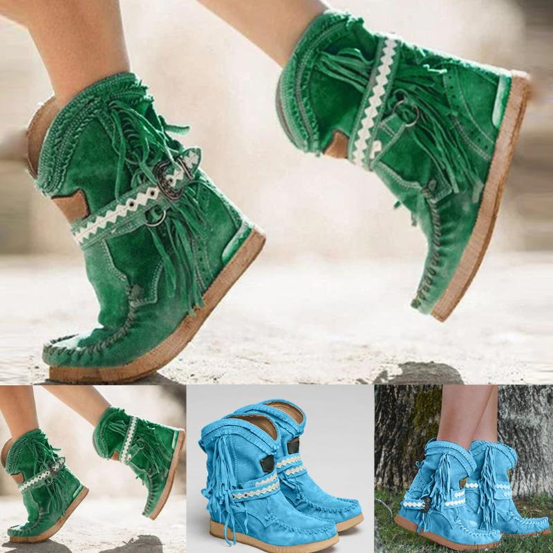 

Bohemian Winter Boots Womens Flats Thick Bottom Shoes Booties Round Toe Retro Fringe Thick Bottom Ankle Boots Green 35-43