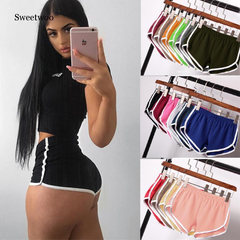 

Sports Shorts Women Home Casual Solid Color Fashion Yoga Beach Shorts Candy-Colored Hot Pants 2020 New1, Red