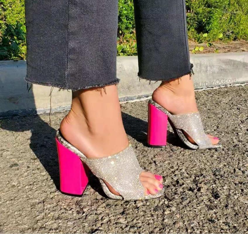 

Summer Rhinestone Slippers Women Slides Shoes Fashion Snake Print Peep Toe Ladies Sandals Party Square Heels Dress Shoes 411, Silver