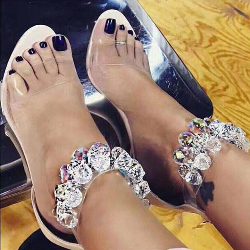 

Sexy Pure Flicker Crystal Embellished Gladiator Sandals Women PVC Clear Open Toe Dress Wedding Shoes Lady Back Zip Party Shoes, Color 2