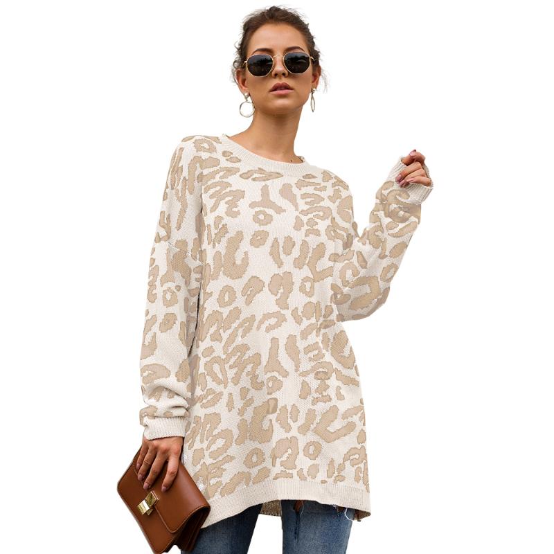 

Women Leopard Tunics Sweater Round Neck Long Sleeve Loose Casual Pullover Knit Tops