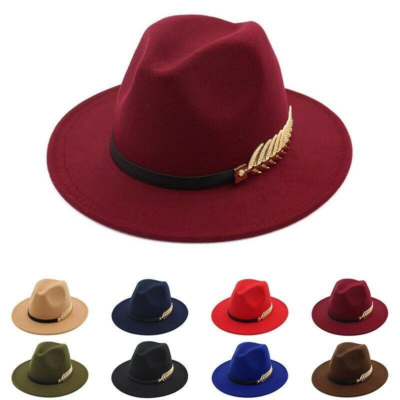 

5 Colors Women Ladies Winter Casual Fedoras Hat Woolen Wide Brim Jazz Cap Panama Hats with Leaf Decoration, Black