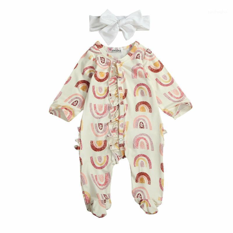 

2020 Newborn Baby Footies Romper Cotton Comfortable Long Sleeve Ruffled Rainbow Print Jumpsuit + Bow Headband Outfit 2Pcs1, As pic