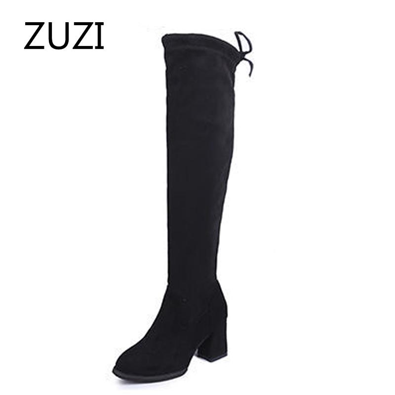 

ZUZI Women's over-the-knee boots fall/winter 2020 high-heeled slimming lace-up stretch boots high thick-heeled, Low heel velvet