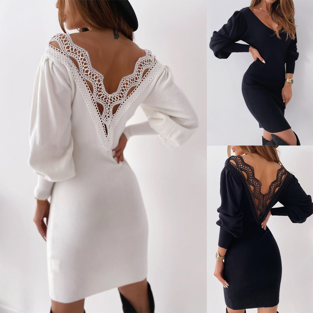 Sexy Backless Lace Patchwork Women Dresses Autumn V Neck Lantern Long Sleeve Bodycon Dress Winter Slim Wrap Hip Dress Femme 201126Z