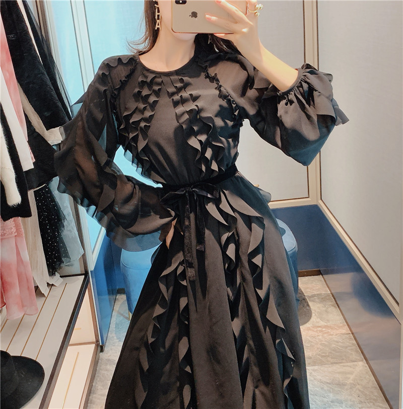 

New Autumn Woman Dressed in Ruffles Elegant Neck-neck Lantern Long Sleeve Dress Female Runway Ladies 2021 Pj3g, Burgundy