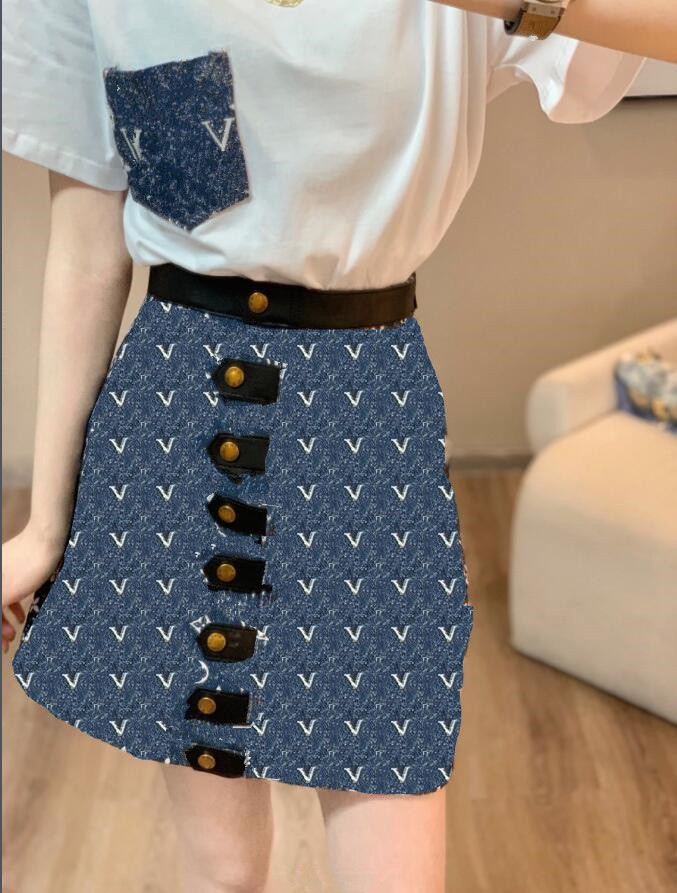 

2022 women's T-shirt + short skirt denim old retro blue upper body all-match 313, Customize