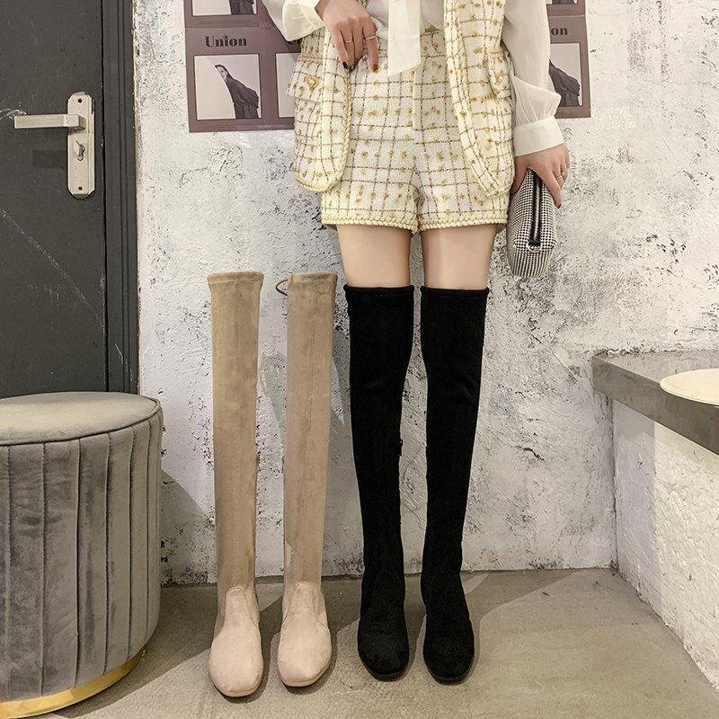 

Square Toe Thick Heel Over The Knee Boots Apricot Hot Style Winter Plus Velvet 2020 New Winter Flat Boots Children1, Beige