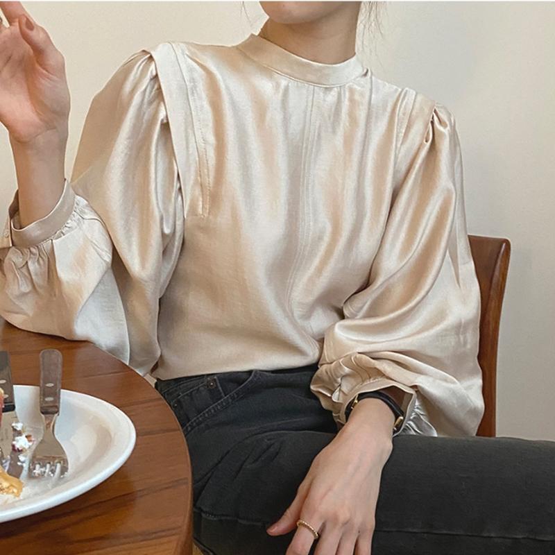 

Women Autumn Spring Lantern Sleeve Stand Collar Office Lady Work Blouse Solid Vintage Shirts, Beige