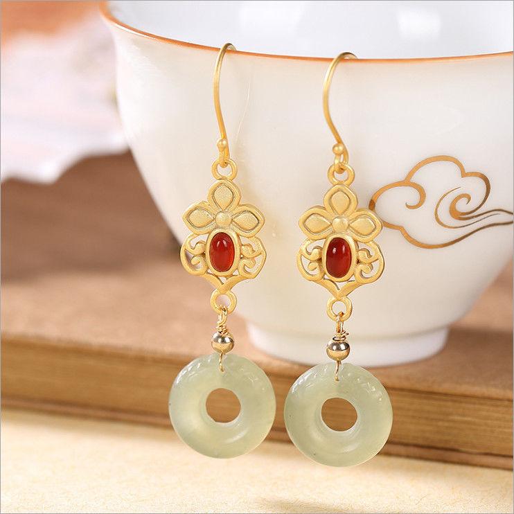 

New silver inlaid natural Hetian jade earrings Chinese style retro unique craft gold minority design charm women's brand jewelry