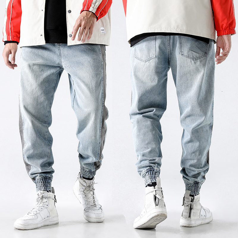

2021 New Fashion Streetwear Retro Light Blue Stripe Spliced Designer Denim Pants Trousers Hip Hop Men Joggers K8cd