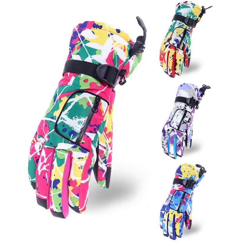 

Winter Warm Waterproof Snow Gloves Colorful Graffiti Plush Lined Non-Slip Mitten E56D, Blue