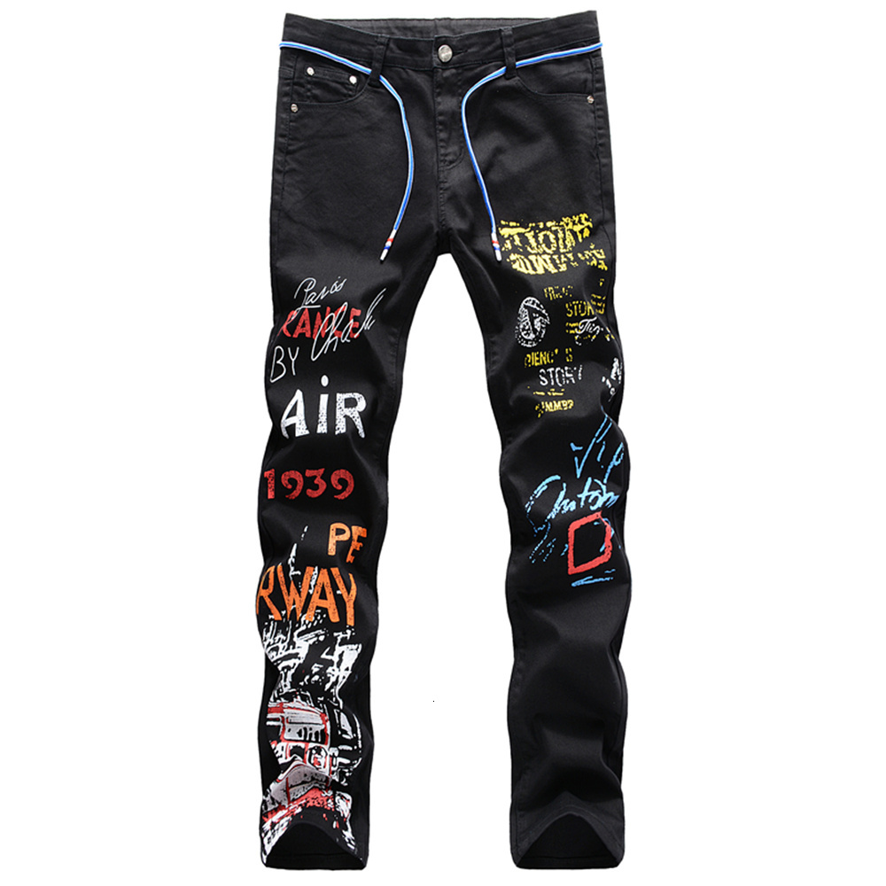 

2021 New Hot-selling Style of Men Graffiti Jeans Hip-hop Skinny Retro Denim Streetwear Pants AN23, Black
