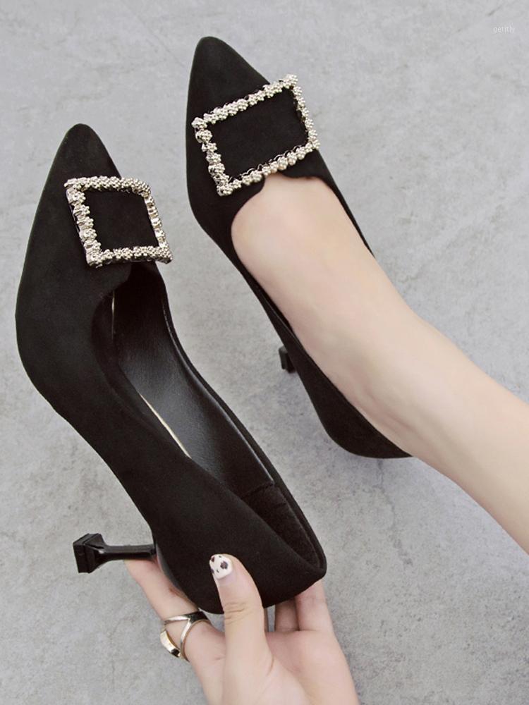 

The Wild Pointed Shallow Mouth Suede Square Buckle Rhinestone Cat Single Shoes 2021 Spring Autumn New Stiletto High Heels Women1, Black