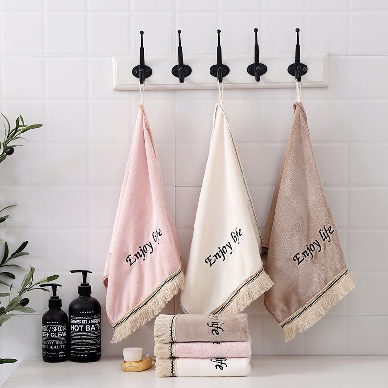 

T044A New embroidery letter ''Enjoy life'' ivory light pink brown soft hotel face towel with tassels