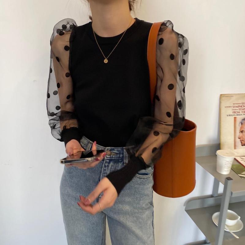 

2020 Spring New Sweet O-Neck Puff Sleeve Womens Tops And Blouses Korea Style Transparent Polka Dot Women Shirt B112, Khaki