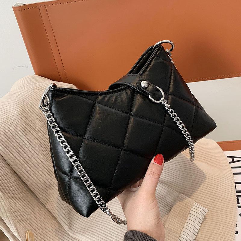 

2021 New Trendy Casual Simple Fashion Embroidery Thread Chain Bag High-quality PU Leather All-match Rhombic Lady Messenger Bag, Coffee.