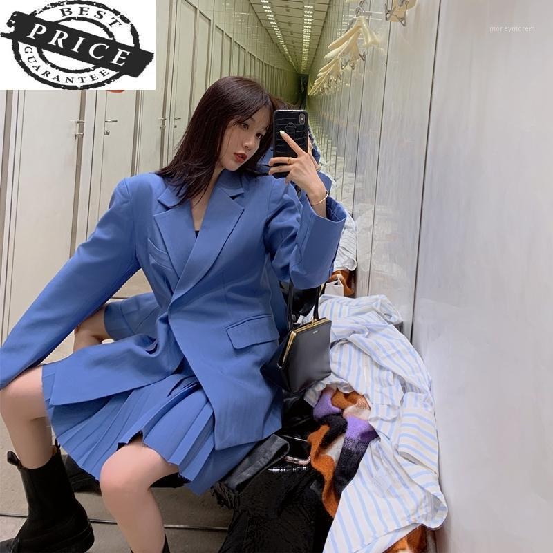 

Quality Women Suits And High Miniskirt Large Size 2021 Autumn New Loose Double-Breasted Blazer Women' Casual Pleated Dress Suit1, Blue