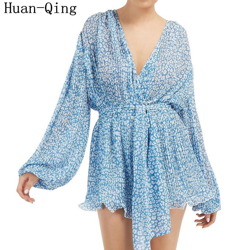 

New Runway Women Chiffon Rompers Lace-up Print Short Jumpsuit Summer Sexy V-Neck Holiday Pleated Playsuits Long Sleeve Bodysuit, Picture color