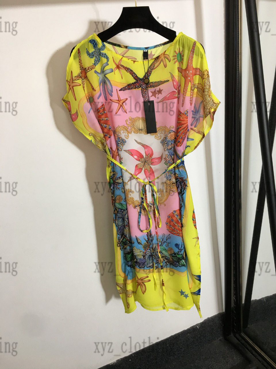 

womens dresses 2022summer designer dress New starfish shell print high-end Button Fly Small Collar Waist Drawstring Design dropped shoulder sleeves skirts, Blue