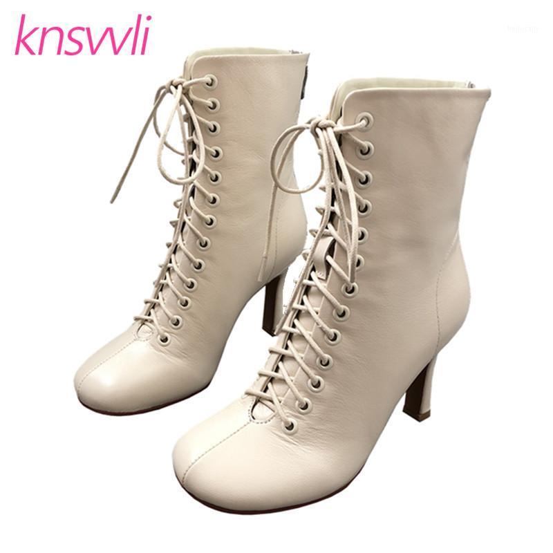 

Sexy High Heels Ankle Boots For Women Genuine Leather Square Toe Short Boots Lace Up Gladiator Shoes Woman Zapatos De Mujer1, Red