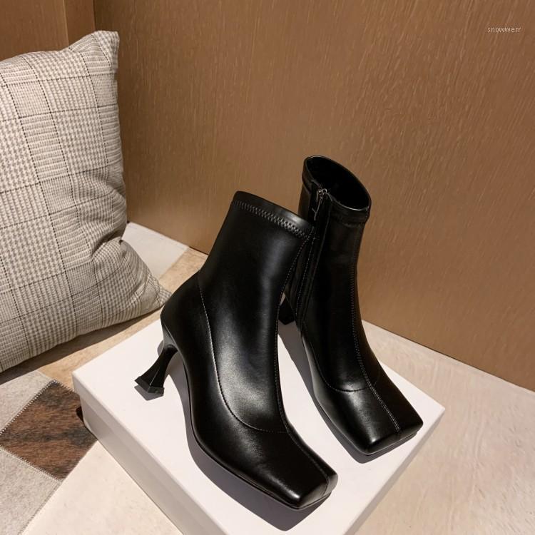 

Ladies leather nude boots autumn and winter new fashion personality square toe side zipper stiletto heel ankle boots34-401, Black fleece