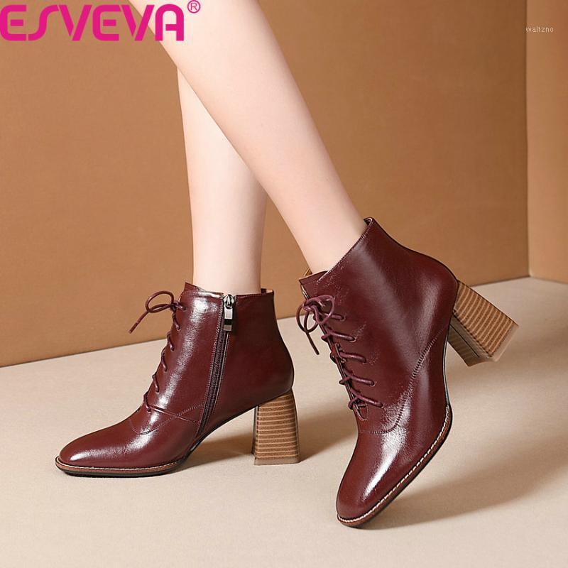 

ESVEVA 2020 New Autumn Winter Cow Leather Lace Up Zipper Concise Ankle Boots Square Heel Retro Square Toe Women Shoes Size 34-411, Black