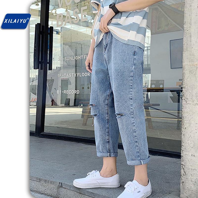

XILAIYU Summer retro ins dilapidated 9-point jeans men's Korean loose fashion brand students straight Streetwear wide leg pants, Blue