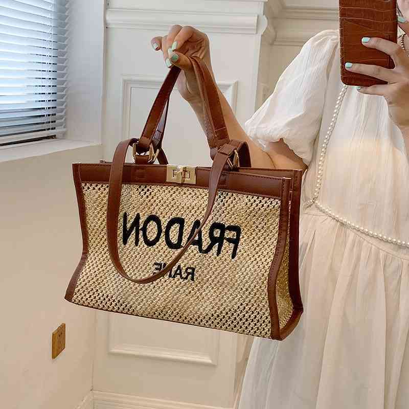 

Design Tote Bag straw letter portable large female new fashion one shoulder armpit bag Handbags, Khaki