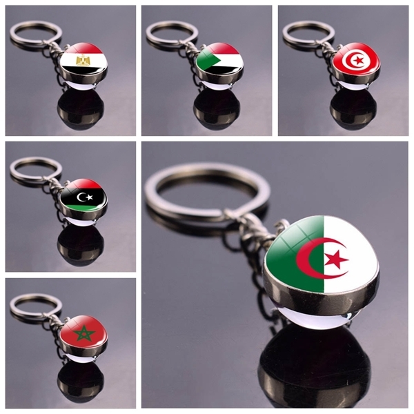 

North Africa Flag Keychain Algeria Sudan Tunisia Morocco Libya Egypt Glass Ball Keyring Chain Country National Flag Jewelry, Slivery;golden