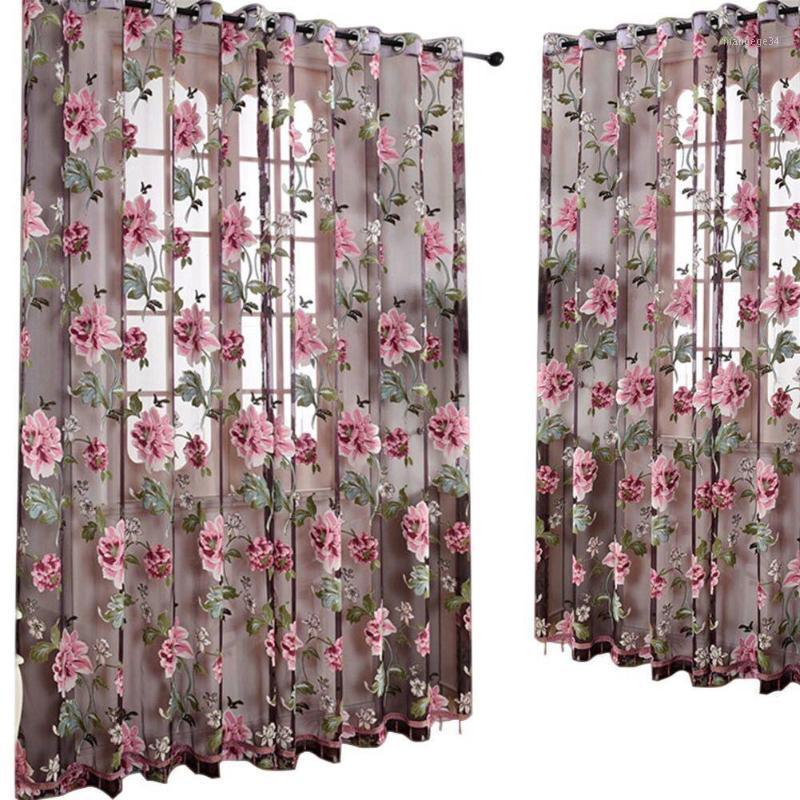 

New Door Blinds Window Peony Printed Transparent Tulle Curtain Room Divider Valance Decoration Curtains In The Living Room1, Purple