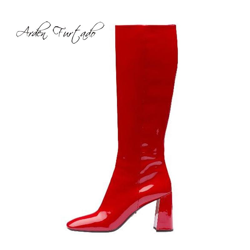 

Arden Furtado 2020 autumn Fashion Women's Shoes Winter Square Head Sexy Elegant Zipper red Women's Knee high Boots Big size 43, Black