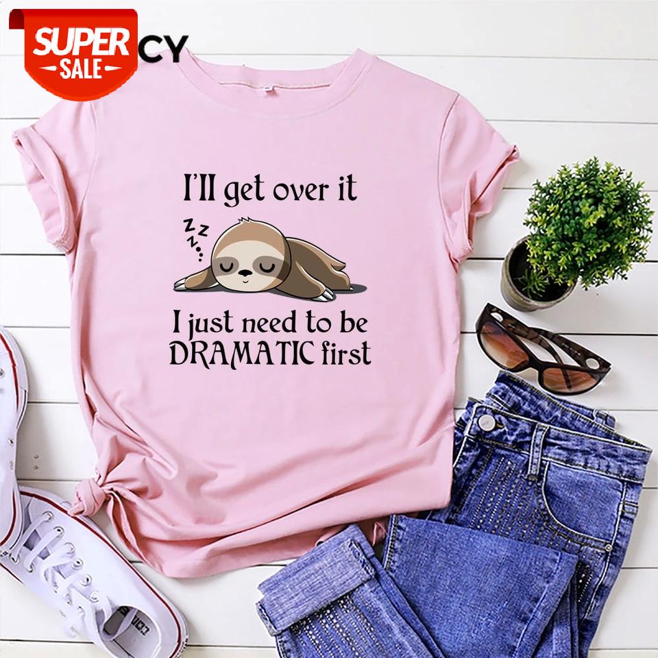 

JFUNCY 100% Cotton Women Tshirts Oversize Short Sleeve T-shirt Summer Loose Tee Shirt New Cartoon Sloth Print Woman Tops #oQ05, White