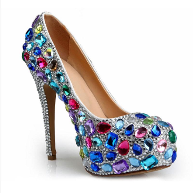 

Autumn high-grade color glass diamond ultra high with bride shoes elegant waterproof platform crystal wedding shoes, Multi
