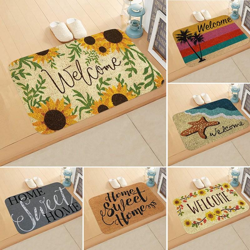 

40x60cm Welcome Home Rectangle Anti-slip Carpet Rug Bedroom Entrance Floor Mats Sunflower Pattern Decor Flannel Doormat, H06