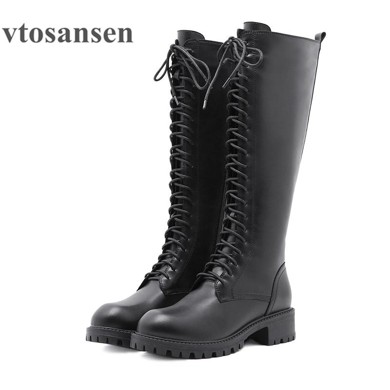 

New shoe2020 Winter News Women Ankle Boots Round Toe Square Low Heels Lace-Up Female Knee-High-Boots Size 35-40 Drop Shipping, Black shoes