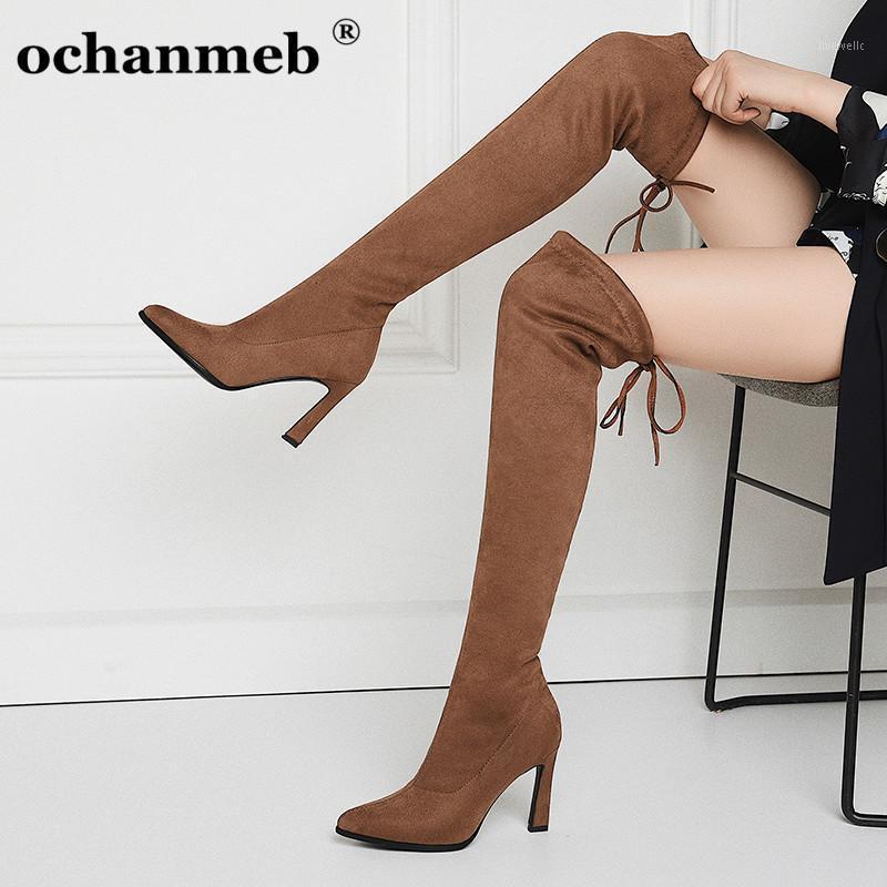 

ochanmeb sexy thin high-heeled over-the-knee boots women lace up pointed toe party faux suede stretch slim thigh boots nude new1, Black boots