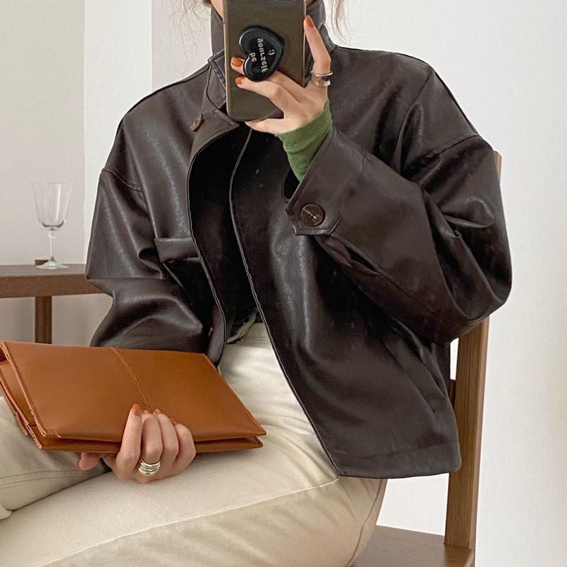 

Alien Kitty Korean Loose Biker Fashion Long Sleeve Casual Retro PU Leather Coat 2020 Women Jacket Handsome Motorcycle Tops, Coffee